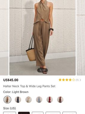 Commense Light Brown Halter Neck Top & Wide Leg Pants Set